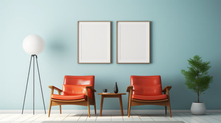 white living room with two black and red reclining leather chairs and a frame on a blue wall. this 3d render photo showcases a midcentury modern style with a touch of classic japanese simplicity. the color palette includes light teal and dark orange, creating a contemporary contrast of fact versus fiction. additional accents of light sky-blue, dark green, and crimson add depth to the overallの素材