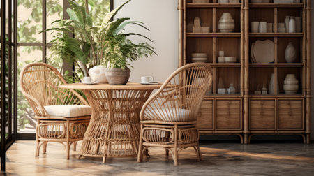 interior dining room featuring rattan chairs and a glass shelf. the room is designed in the style of vray tracing, combining elements of tropical baroque and daz3d. the use of organic materials and traditional techniques adds to the anglocore aesthetic of the space. ai generatedの素材