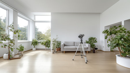 large white living room featuring a hasselblad h6d-400c style tripod with a hanging green plant by the window. this japanese photography-inspired room showcases scientific and photorealistic accuracy, captured with the zeiss milvus 25mm f/1.4 ze lens. the image is in uhd quality, highlighting the industrial angles of the space. ai generatedの素材