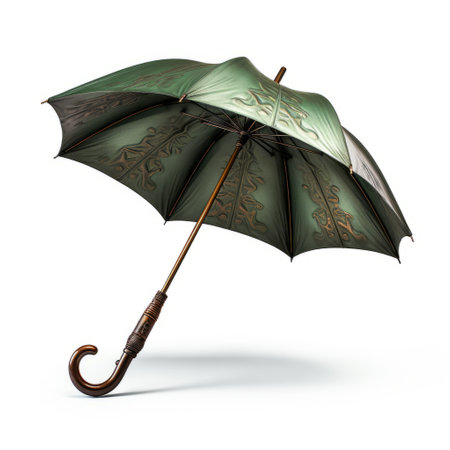 brown wooden handles on a green umbrella, inspired by the intricate and elegant patterns of aaron horkey's style. this realistic and detailed rendering, created in maya, captures the essence of the gilded age. with a touch of wiccan influence, the dark green and gray colors add depth and sophistication to this visually stunning piece. ai generatedの素材