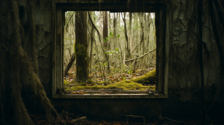 an old wooden door stands amidst tall vegetation, its unique framing and composition reminiscent of post-apocalyptic ruins. this southern gothic-inspired photograph captures the essence of wilderness and showcases a windows vista. with a touch of forestpunk, the selective focus adds depth to the image. ai generatedの素材