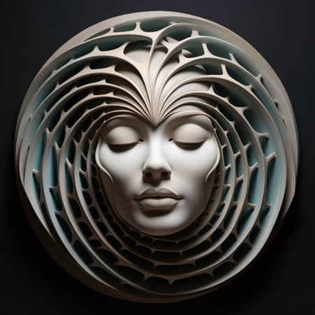 the artwork "reflection" by linnea thulia is a surrealistic ceramic sculpture made of paper. engraved with intricate patterns, it combines elements of art deco futurism and daz3d. the serene faces and spiral vortex patterns add a touch of mystique. the color palette of dark beige and cyan enhances the art deco sensibilities of the piece. ai generatedの素材