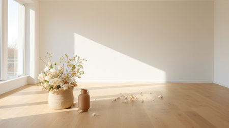 wooden floor with a vase and white flowers placed near a window, showcasing the vray tracing style. the color palette consists of light pink and light orange hues, creating a large-scale minimalist aesthetic. sunrays gently illuminate the scene, highlighting the subtle tonal range. this captivating image is rendered using unreal engine 5, capturing the essence of minimalist purity. ai generatedの素材