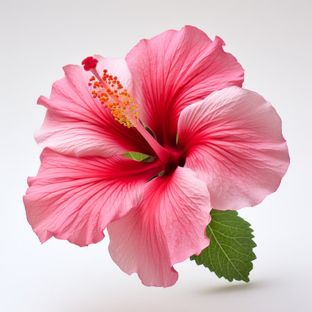 pink flower with green leaves, inspired by the artistic style of mike campau. set against a white background, this artwork showcases the traditional color scheme of tonga. with sharp attention to detail and minimal retouching, the flower's light crimson hue stands out beautifully. ai generatedの素材