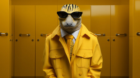 a man wearing a vibrant yellow suit and sunglasses stands confidently in this hyperrealistic animal portrait-style photograph. the commercial imagery, inspired by artists like mike campau, dariusz klimczak, and rene magritte, showcases a unique blend of frogcore and matte photography. ai generatedの素材