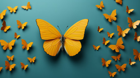 a group of colorful butterflies, rendered in cinema4d, create a vibrant lilypad on a dark turquoise background. the hyper-realistic animal illustrations by gabriel isak showcase detailed character design. the butterflies feature shades of light orange and yellow, while the overall color scheme remains monochromatic in gray and gold tones. ai generatedの素材
