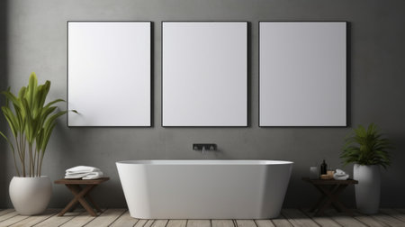 a modern bathroom featuring a window, bathtub, and framed posters. this minimal retouching style photo showcases a gray color scheme and minimalist backgrounds. with its 8k resolution, the image captures the essence of industrial themes and hard-edged shapes, reminiscent of a hall of mirrors. ai generatedの素材