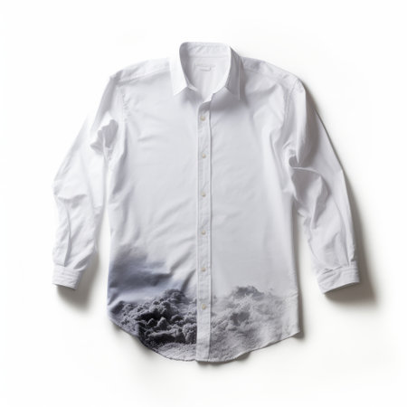 a white shirt featuring a realistic black and white mountain print in oxford blue. this design draws inspiration from the style of renowned artists such as david hammons, gregory crewdson, and kazuhisa kondo. the print resembles naturalistic seascapes, reminiscent of an associated press photo capturing the beauty of ocean waves. perfect for those who appreciate soggy yet captivating scenery. ai generatedの素材