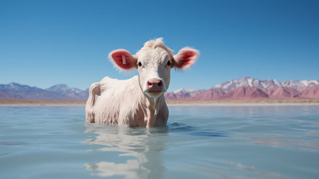 a white cow peacefully rests in the water, surrounded by a serene landscape created in the style of terragen. this high-resolution image showcases vibrant hues of light red and aquamarine. the scene is brought to life with the help of intel core technology. the photo captures a cute and quirky moment, blending elements of mexican and american cultures, while maintaining a precisionist aesthetic. ai generatedの素材