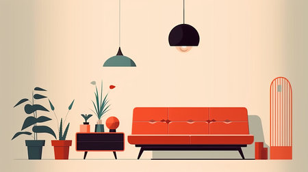 a mid-century style room featuring a couch, lamps, and an assortment of plants. the room is adorned with light orange and red hues, reminiscent of vintage illustrations. the post-minimalistic design is enhanced by colorful animations and simple yet captivating patterns. the vintage atmosphere is further accentuated by the combination of orange and black elements. ai generatedの素材