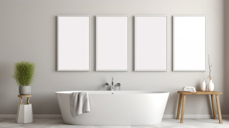 modern bathroom featuring two large frameless mirrors positioned on either side of a grey-colored tub. the 3d mockup showcases a collage-style painting aesthetic, with monochromatic minimalist portraits and multi-panel compositions. the overall color scheme is light white and light gray, complemented by an artist's frame. the soft-focus effect adds a touch of late 19th-century charm to the design. ai generatedの素材