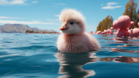 a pink duck gracefully swims amidst a vibrant flock of flamingos in a picturesque lake. this enchanting scene, rendered in cinema4d with rtx on and unreal engine, showcases the dreamy beauty of norwegian nature. the artwork, created in daz3d, exudes a cute and furry charm, adding to its whimsical appeal. ai generatedの素材