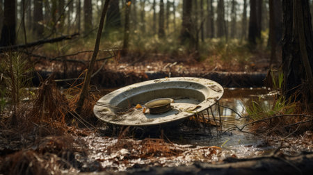 used tire in muddy water, reminiscent of dutch landscapes and forestpunk aesthetic. this kitchen still life captures a blend of silver and gold tones, offering a tender depiction of nature. with elements of mushroomcore and a touch of the southern countryside, this photo showcases a unique and captivating scene. ai generatedの素材