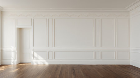 empty living room with white walls and wooden floor, reminiscent of nineteenth-century french realism. the high-resolution interior features relief sculptures inspired by john frederick kensett and the pont-aven school. the room exudes an intricate minimalism, reminiscent of the works of michael sweerts. this 8k image captures the essence of classic art and design. ai generatedの素材