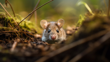 a cute black mouse, captured with the lensbaby composer pro ii with edge 50 optic, gazes curiously into the ground. this atmospheric woodland imagery showcases the light brown and red hues of the surroundings. the photo highlights the beauty of norwegian nature, with its award-winning composition and an innocent charm. ai generatedの素材