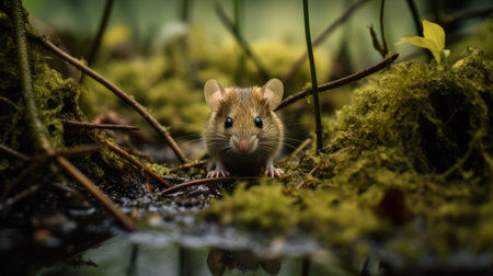 an elephant mouse with a red nose is captured in this uhd image, nestled under moss in the norwegian nature. the photograph showcases vignetting, reflections, and mirroring techniques, enhancing the spatial interpretation. the wildlife photography highlights the shiny eyes of the elephant mouse, creating a captivating visual. ai generatedの素材
