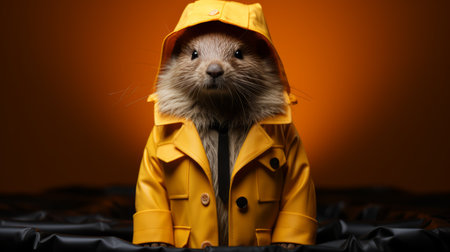 a close-up stock photo of a rabbit wearing a hip-hop inspired raincoat. the rabbit stands out in the dark yellow raincoat, reminiscent of a national geographic photo. the image captures the charm of the rabbit, with a touch of mushroomcore and ratcore aesthetics, while also drawing inspiration from marine biology. ai generatedの素材