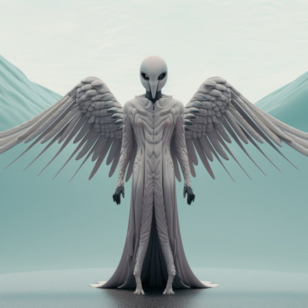 a bird with wings stands beside an icy mountain, showcasing a futuristic sci-fi aesthetic. the image features a figura serpentinata style with a dark white color palette. it is rendered in 8k 3d, highlighting intricate details. the composition incorporates religious symbolism and alienpunk elements, with exaggerated poses adding to the overall visual impact. ai generatedの素材