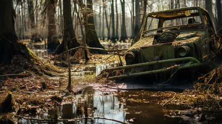 a truck submerged in murky swamp water, captured with the zeiss batis 18mm f2.8 lens. this post-apocalyptic themed image showcases the unique technique of schlieren photography, creating an atmospheric woodland setting. the scene evokes a sense of classical and historical genre scenes, with a touch of burned and charred elements. the high-resolution 8k quality adds to the visual impact of the photograph. ai generatedの素材