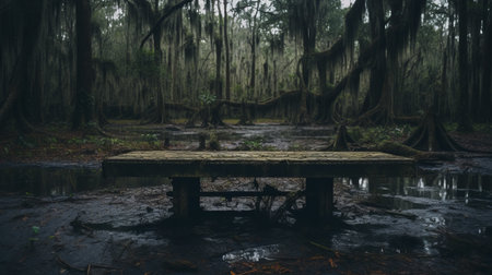 park bench in a swamp, surrounded by tangled roots, captures the essence of dark, moody landscapes. this southern gothic-inspired, documentary travel photograph embodies transcendentalist themes with its soft-focus, landscape-focused composition. ai generatedの素材