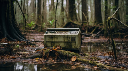 a small mobile ham radio sits in the middle of a swamp, exuding vintage aesthetics and reflecting hip-hop culture exploration. the image captures the essence of decay and decayed beauty, reminiscent of the atmospheric woodland imagery. made of rubber, this emotional naturalism evokes a sense of nostalgia and intrigue. ai generatedの素材