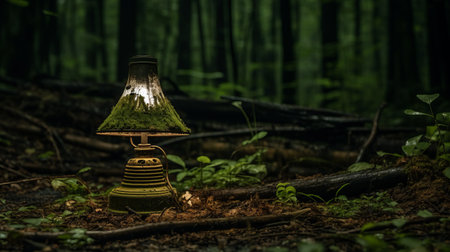 a lamp in the woods with moss, reminiscent of science-fiction dystopias. the dark green and light brown hues create a captivating atmosphere. this 8k resolution image showcases eccentric props, evoking a sense of wonder. the beauty of this scene is truly breathtaking, with a romanticized country life vibe infused with pop-culture references. ai generatedの素材