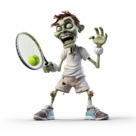 a zombie holding a tennis racket, captured in the vibrant and energetic style of vray. this intense image by david nordahl showcases the undead creature with a mix of light navy and light green tones, creating a lively and dynamic atmosphere. the high-definition quality of the photo brings out the intricate details, including the zombie's teethcore. ai generatedの素材