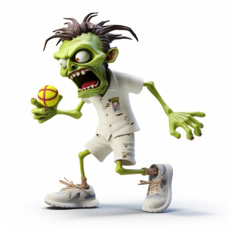 a zombie character, in a precise and lifelike stonepunk style, is captured in this associated press photo. the grotesque caricature is seen running and playing a ball, with its white and green appearance resembling an applecore. created using daz3d, this image showcases the unique and captivating world of stonepunk. ai generatedの素材