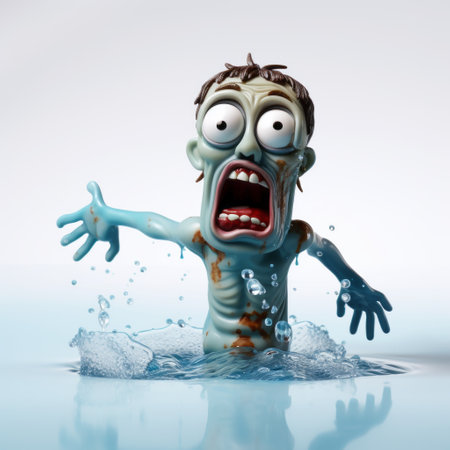 a zombie character with exaggerated expressions is seen washed up in the water. the artwork, rendered in maya, showcases a satirical caricature in a dynamic pose. the color palette consists of light maroon and light blue, adding to the overall aesthetic. this unique creation can be found on flickr and is part of the distinctive style known as frogcore. ai generatedの素材