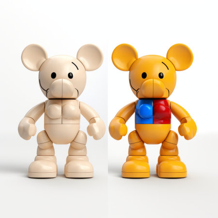 two adorable toy sculptures, rendered in maya, showcase two similar figures dressed in the same color. these cartoon compositions feature a raw versus finished aesthetic, with a ratcore theme. the light white and light amber tones add a touch of warmth to the minimalist and anti-clutter designs. ai generatedの素材