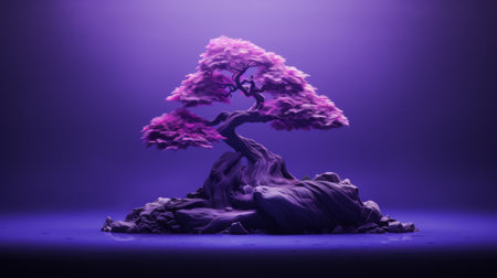 japanese bonsai stand on a red rock, illuminated in pink, showcasing the captivating beauty of ultraviolet photography. created using cinema4d, this ethereal illustration features a monochromatic palette and naturalistic shadows. a stunning concept art that mesmerizes with its unique blend of colors and textures. ai generatedの素材