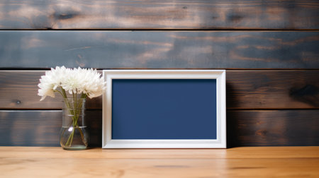 a white framed holder with flowers is displayed against a light blue wall, showcasing a captivating blend of furaffinity, sublime typography, jeremy lipking, mythic imagery, navy, 20th century scandinavian style, and supple mass. ai generatedの素材