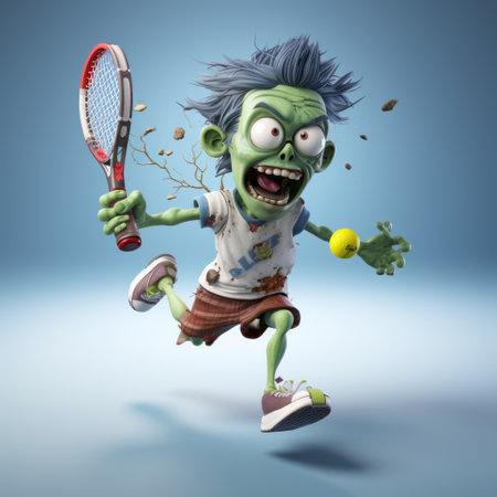 a zombie cartoon character, in the style of meticulous photorealistic still lifes, is seen running with his tennis racquet. the image captures the essence of goblin academia and tabletop photography, with spiky mounds and grotesque yet charming characters. the realistic usage of light and color adds depth to this unique and captivating artwork. ai generatedの素材