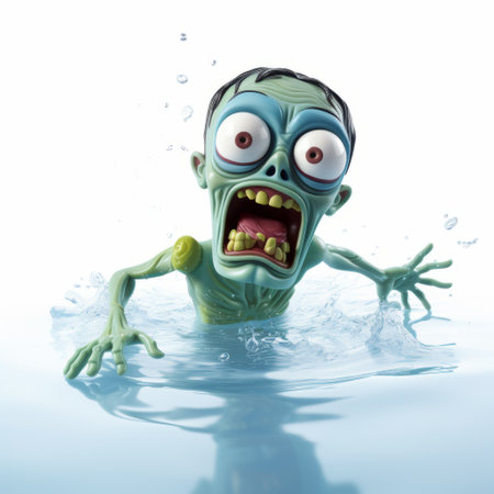 a zombie, depicted in a playful caricature style, is seen walking in water on a white background in this stock photo. created using zbrush, the image features light blue and green tones. the animated gif captures the surprisingly absurd and otherworldly fun essence, reminiscent of the work of jeff kinney. ai generatedの素材