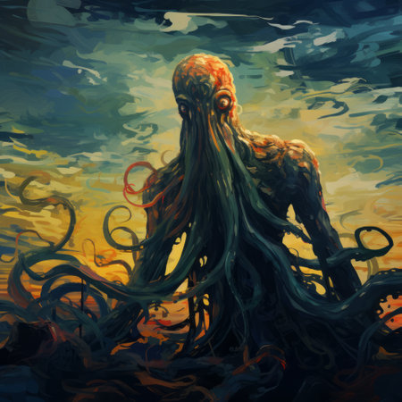 a cyborg man with tentacles emerges from the depths of the ocean in this speedpainting-style artwork. the lovecraftian influence is evident in the dark cyan and orange color scheme, reminiscent of necronomicon illustrations. the dramatic and somber religious undertones add to the monumental scale of this 8k resolution masterpiece. ai generatedの素材
