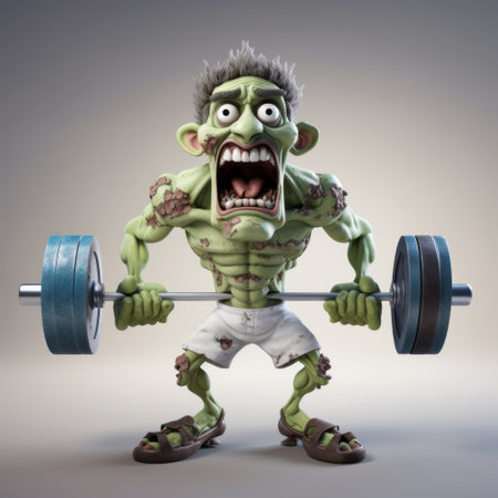 an animated zombie 3d illustration featuring a green monster lifting a barbell. this unique artwork combines elements of cartoon realism and massurrealism, capturing suburban ennui with its spiky mounds and emphasizing emotion over realism. created using daz3d software, this illustration showcases the creativity and imagination of the artist. ai generatedの素材
