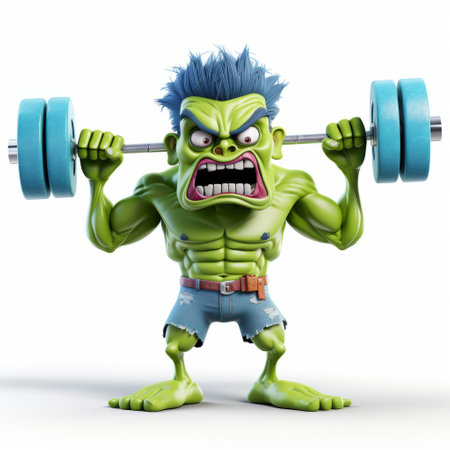 an angry cartoon monster, with a light green and indigo color scheme, is depicted lifting a barbell in this realistic and lifelike photo. the image, captured with a canon eos 5d mark iv, showcases the berrypunk style and places emphasis on the monster's facial expression. the use of bright colors adds vibrancy to the matte photo. ai generatedの素材