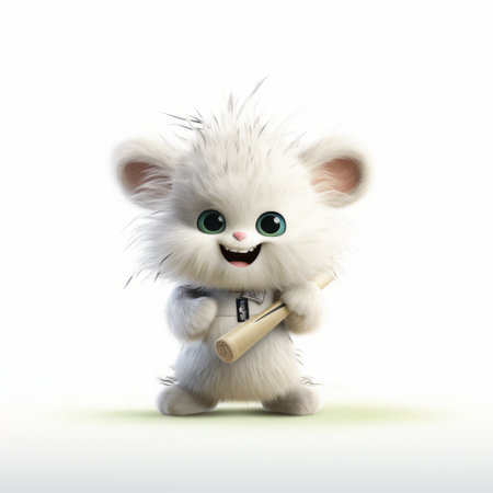 a playful character design featuring a white rat with green eyes holding a baseball bat. this adorable furry art captures the essence of childlike innocence and mischief. with vray tracing, the image showcases intricate details and vibrant colors. inspired by frostpunk and the mischievous feline motif, this illustration pays homage to the artistic style of carl barks. ai generatedの素材
