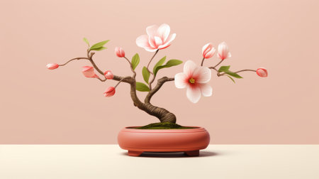 the white pot of this flowering bonsai is beautifully depicted in a hyperrealistic style, complemented by light pink hues. the bold character designs and zbrush techniques bring out the vibrant and graceful curves of the bonsai. the minimalist backgrounds enhance the overall aesthetic of this stunning illustration. ai generatedの素材