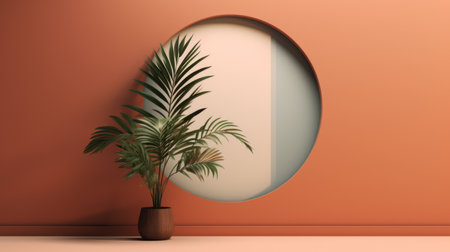 a rectangular room featuring a mirror above a potted plant. the room is designed in a light orange color scheme and rendered using octane render. circular shapes and strong negative space are prominent elements, along with tropical symbolism. the image showcases minimalist detail and incorporates screen tones for added visual interest. ai generatedの素材