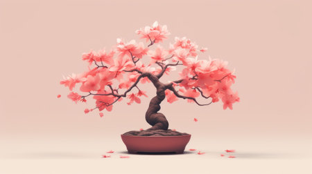 3d render of a bonsai tree on a white background, inspired by the artistic style of cyril rolando. the image features cherry blossoms in shades of light orange and light crimson, reminiscent of the work of carl kleiner. the soft pastel colors, including dark pink and light crimson, beautifully highlight the flower and nature motifs in this captivating artwork. ai generatedの素材