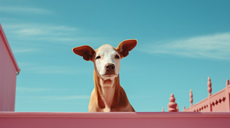 a pink building with a realistic animal portrait style, captured using the sony fe 12-24mm f/2.8 gm lens. the light sky-blue and amber tones create a captivating atmosphere in this tabletop photograph. the intense gaze of the animal portrait stands out against the pastoral settings, while the clever use of negative space adds depth to the composition. ai generatedの素材