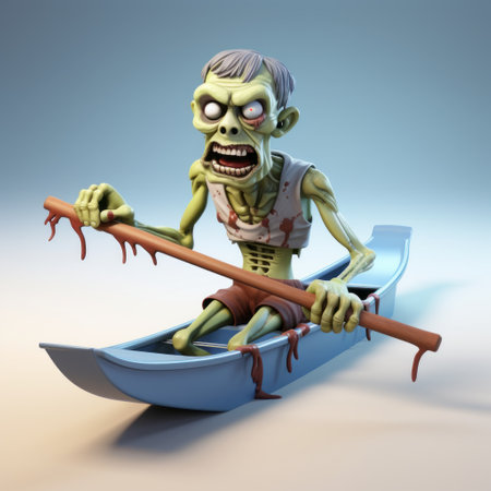 a zombie boat with paddles, featuring 3d models, an acrobat and rigging, is depicted in a caricature-like illustration style. this unique artwork incorporates iconic pop culture references, showcasing the artist's skill in zbrush and their affinity for grandparentcore and haunting figuratism. the strong facial expression adds depth to the overall composition, reminiscent of the influential blue rider movement. ai generatedの素材