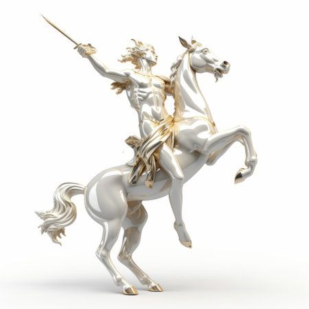 golden horse and man in a white background, depicted in a 3d golden figure. the image showcases a mythological symbolism with a touch of classical balance. the style of light silver and silver adds a polished metamorphosis effect. this digitally enhanced artwork exudes a queencore vibe, evoking a sense of heroism. ai generatedの素材
