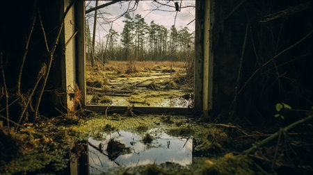 a decaying house window adorned with vines and surrounded by grass creates a captivating image of atmospheric woodland scenery. this photo beautifully combines elements of an apocalypse landscape, reflex reflections, dutch landscapes, cross processing, and mushroomcore, capturing the raw essence of nature. ai generatedの素材