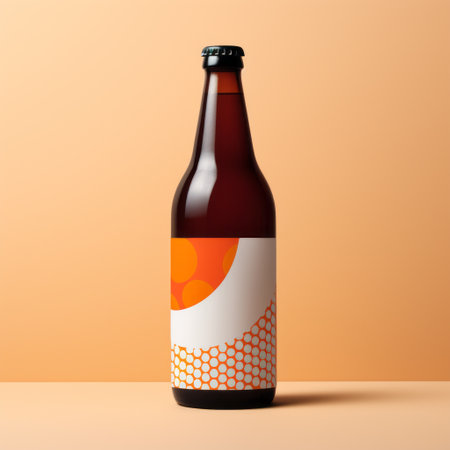 a beer bottle stands against an orange background, showcasing a geometric precision design. the bottle features screen printing with organic material, displaying a color gradient of light brown and white. the design incorporates dotted patterns and vibrant colors, creating a visually striking composition. ai generatedの素材