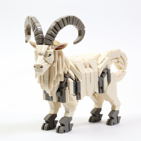 a lego goat, representing jewish culture themes, sits on a white surface. the monochromatic harmony of dark beige and light beige colors enhances its visual appeal. this unique creation showcases radical inventions and bold structural designs, with strong lines that captivate the viewer's attention. shot on kodak vision3 250d 5207 film. ai generatedの素材