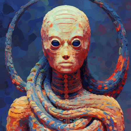 an abstract creature from outer space is depicted in this artwork. the circular shape adds to its unique and intriguing appearance. the style of the piece is reminiscent of realistic hyper-detailed portraits, with vibrant colors reminiscent of artists like moebius, anton semenov, and sam spratt. the use of polychrome terracotta gives the sculpture a striking and eye-catching quality. the influence of hp lovecraft's cosmic horrorの素材