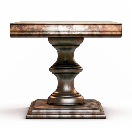 pedestal table with chrome and wood top, featuring esoteric symbolism. the dark silver and bronze color scheme adds a touch of mystery. digitally enhanced with creased, crinkled, and wrinkled textures, this ornate architectural piece stands out. the matte photo highlights the light red and bronze accents. ai generatedの素材
