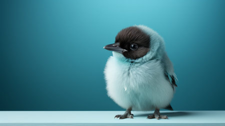 a bird perches on a shelf amidst blue backgrounds, featuring soft-focus portraits in light gray and light cyan. the image captures the attention to detail in the texture of the bird's fur and feathers. the overall aesthetic is enhanced by the use of light turquoise and light black tones. this playful and innocent scene was created using konica big mini and zbrush. ai generatedの素材